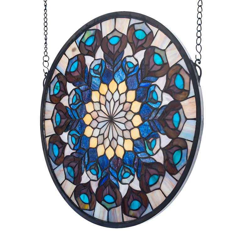 17" Teal and Violet Stained Glass Peacock Feather Window Panel