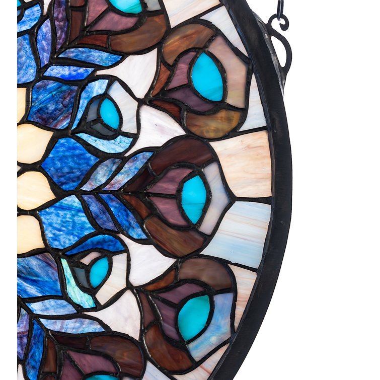 17" Teal and Violet Stained Glass Peacock Feather Window Panel