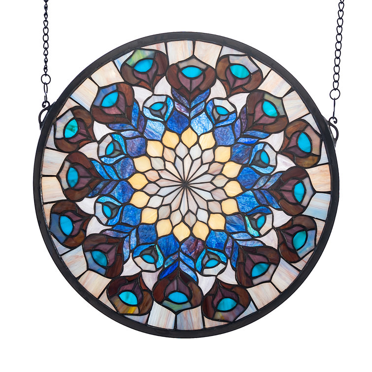 17" Teal and Violet Stained Glass Peacock Feather Window Panel