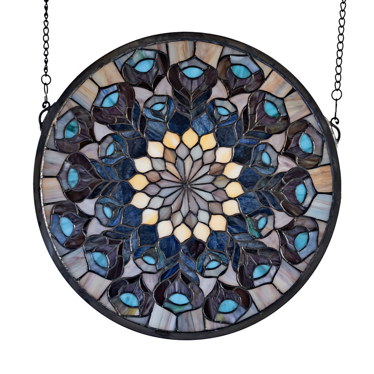 17" Teal and Violet Stained Glass Peacock Feather Window Panel