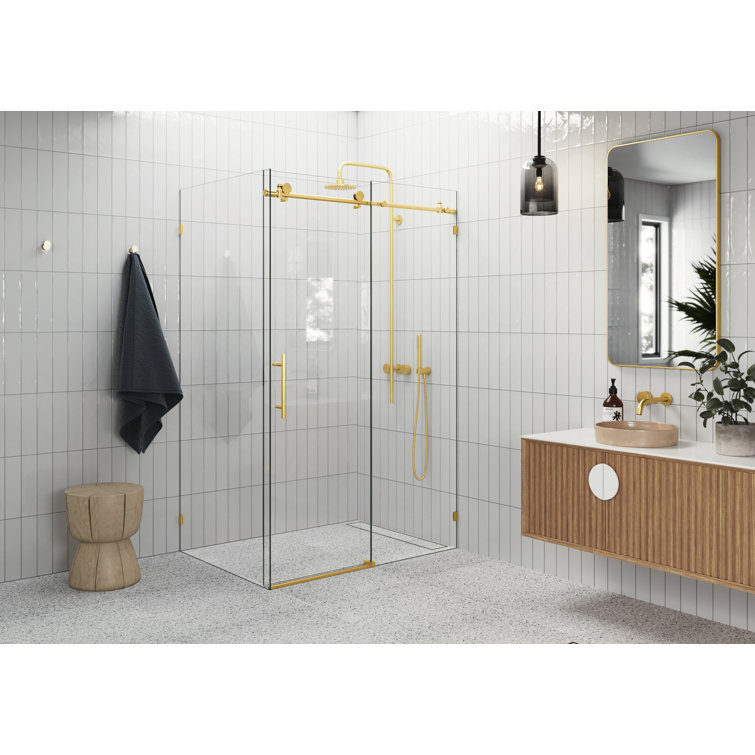 Satin Brass Frameless Sliding Glass Shower Enclosure, 78" x 52"