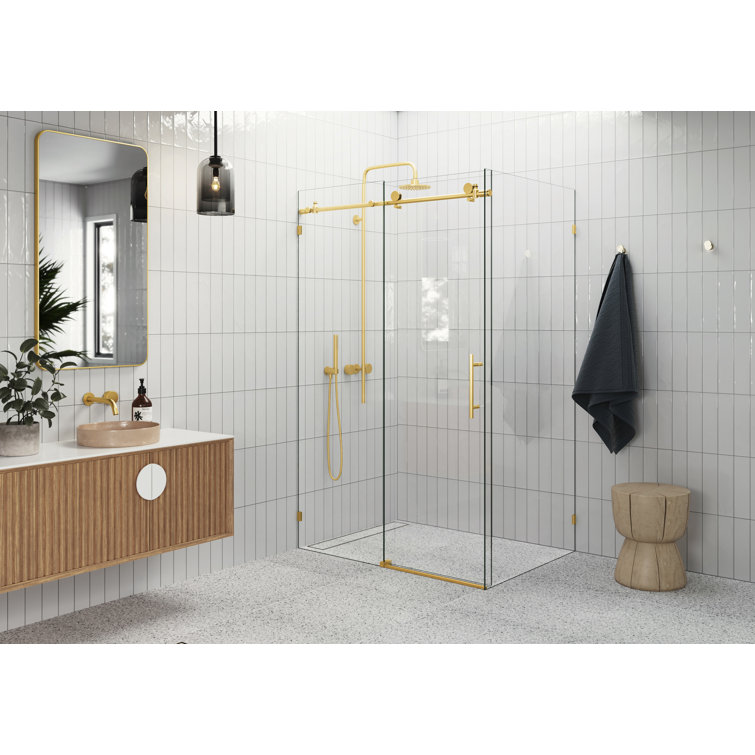 Satin Brass Frameless Sliding Glass Shower Enclosure, 78" x 52"
