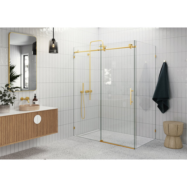 Satin Brass Frameless Sliding Glass Shower Enclosure, 78" x 56"