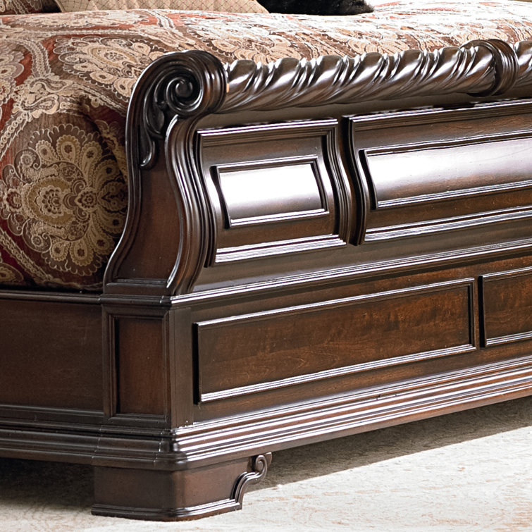 Queen Dark Brown Wood Sleigh Bed Set with Dresser and Mirror