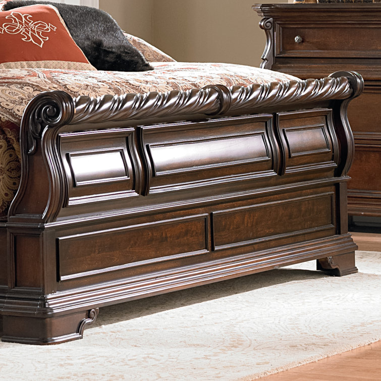Queen Dark Brown Wood Sleigh Bed Set with Dresser and Mirror
