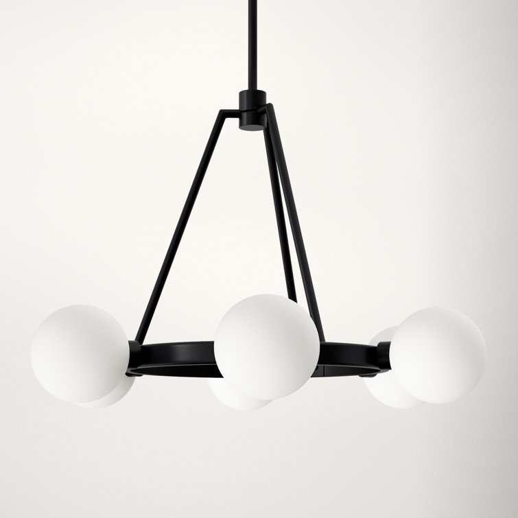 Midnight Black 6-Light Wagon Wheel Chandelier with Frosted Glass Shades