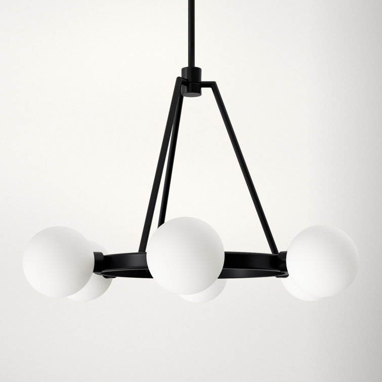 Midnight Black 6-Light Wagon Wheel Chandelier with Frosted Glass Shades