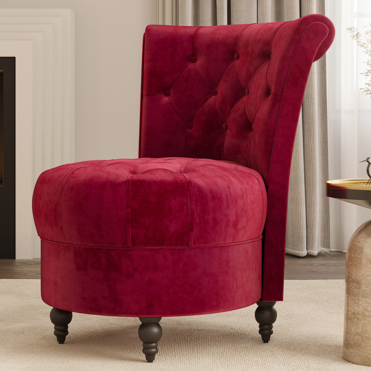 Crimson Velvet Low Back Accent Chair with Tufted Buttons