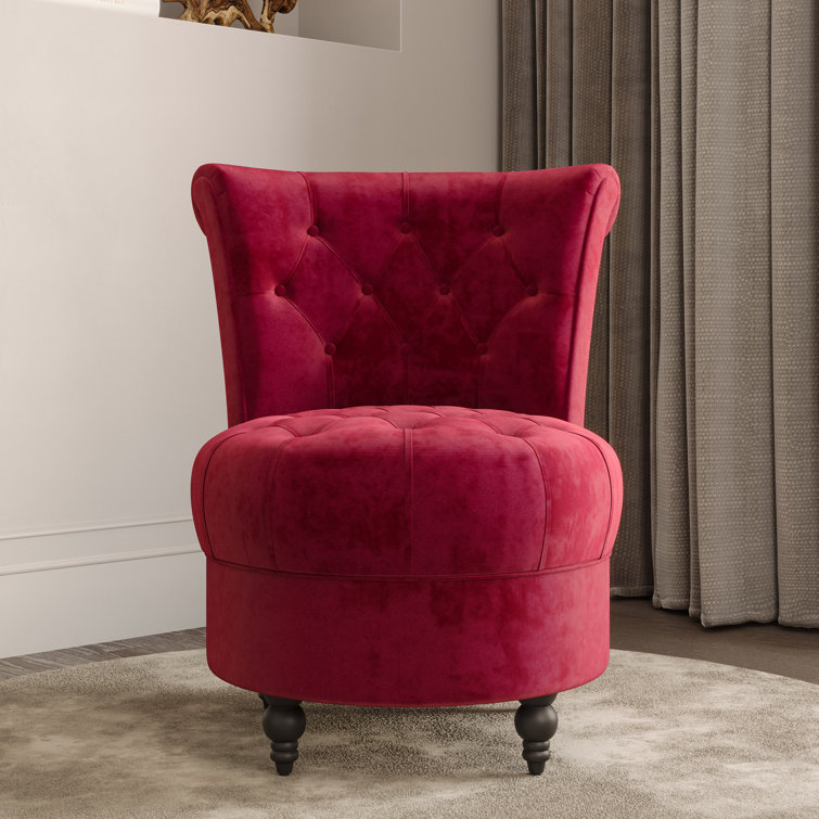 Crimson Velvet Low Back Accent Chair with Tufted Buttons