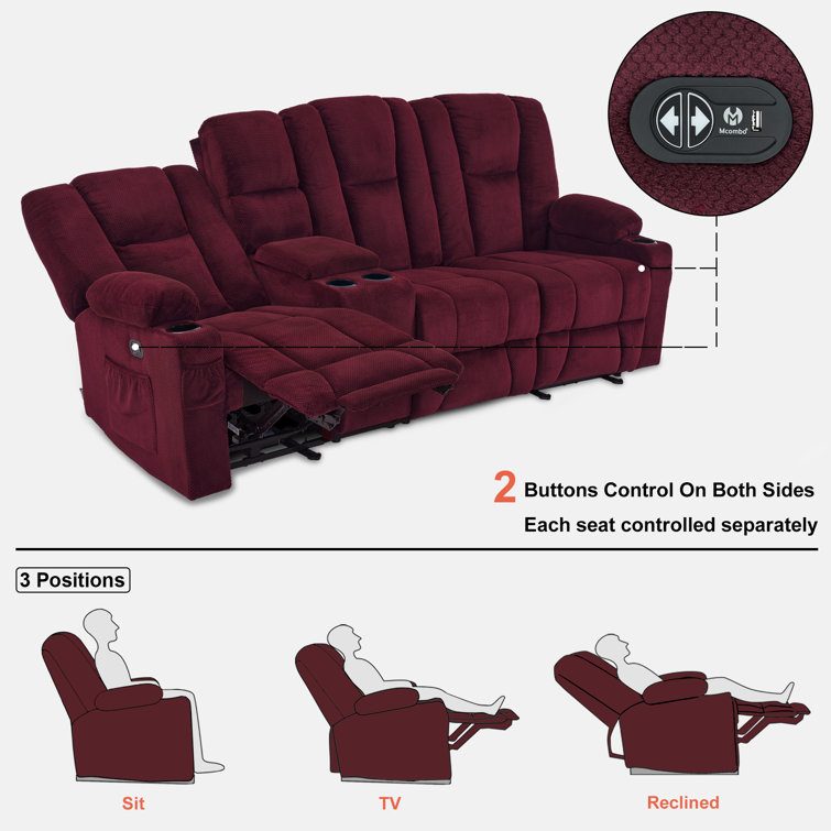 Burgundy Polyester Blend Power Reclining Sofa with Cup Holders