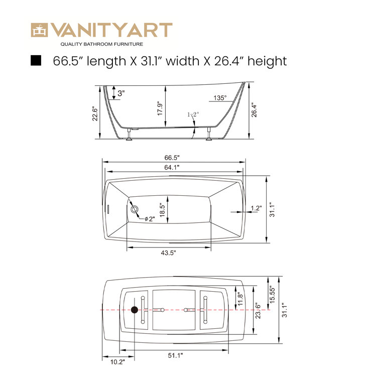 Vanity Art 67" White Acrylic Freestanding Soaking Bathtub