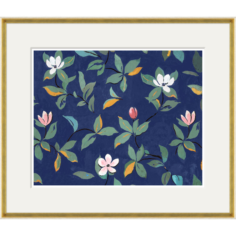 Blue Magnolia Floral Print with Gold Wood Frame