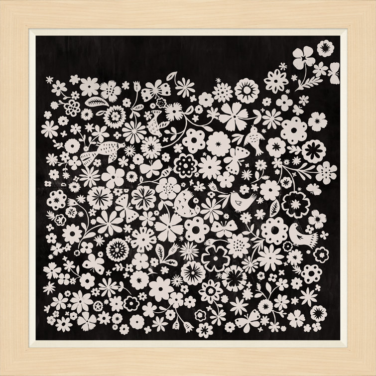 Black and White Floral Bird Print with Brown Wood Frame