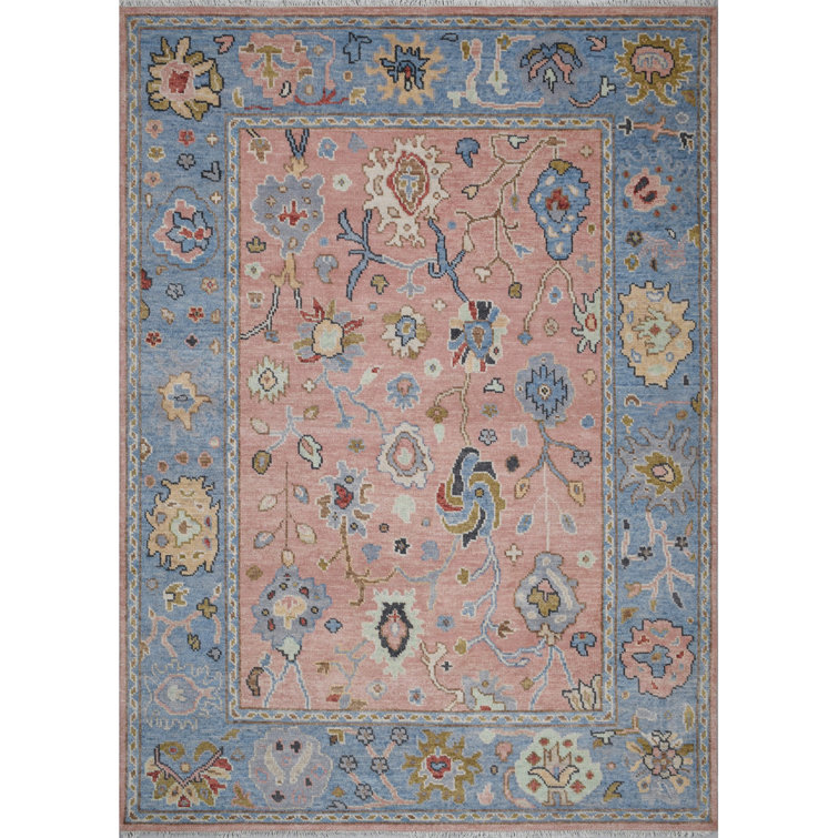Hand-Knotted Blue Wool and Synthetic Rectangular Area Rug with Tassels