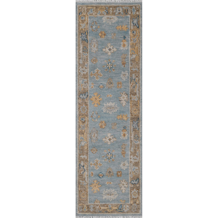 Blue and Taupe Hand-Knotted Wool Oriental Runner Rug