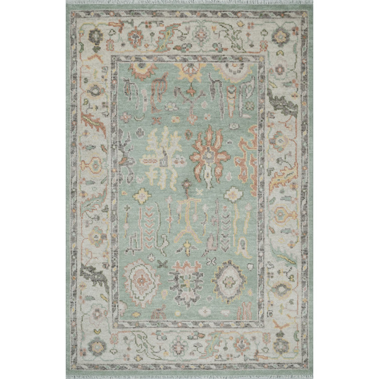 Hand-Knotted Gray and Green Wool Area Rug with Tassels
