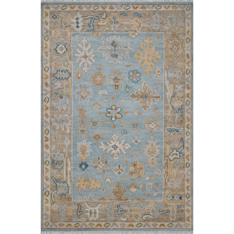 Hand-Knotted Blue and Beige Wool Area Rug with Tassels