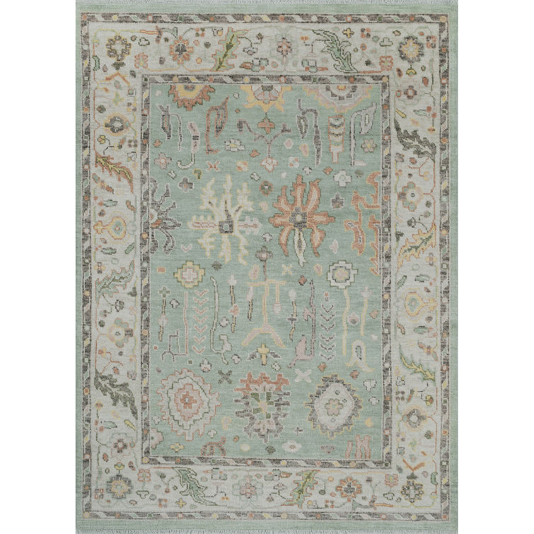 Meadow Hand-Knotted Wool Area Rug in Pastel Green and Coral