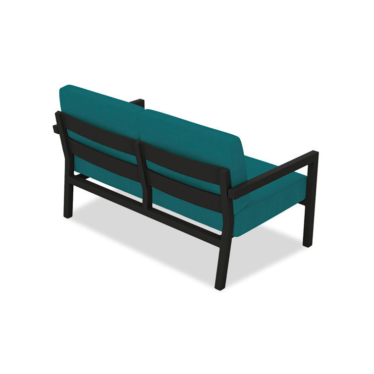 Black Aluminum Outdoor Loveseat with Peacock Sunbrella Cushions