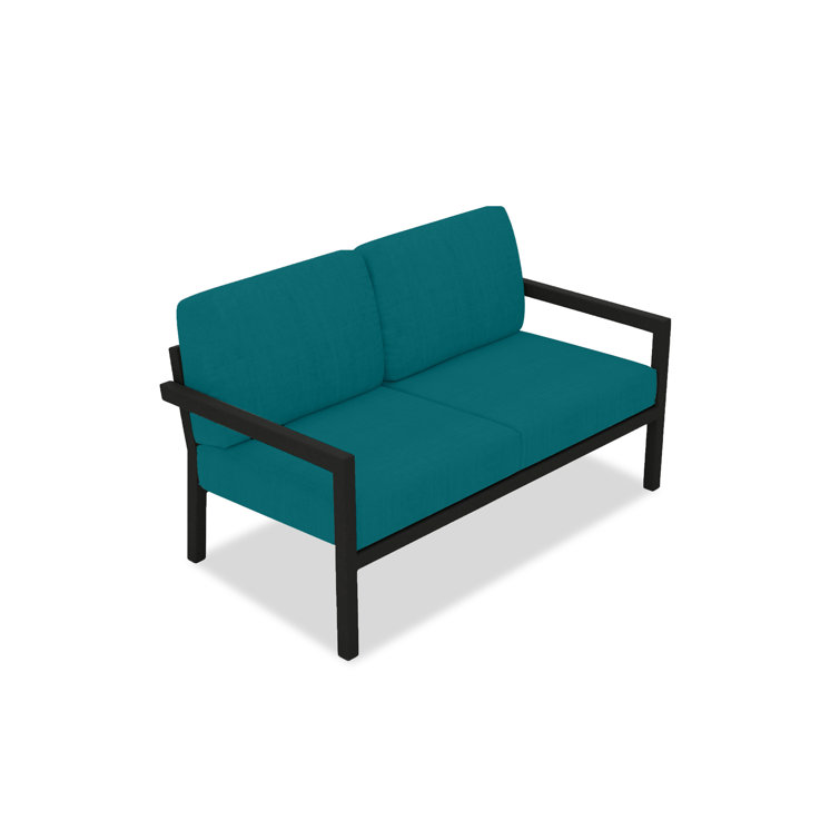 Black Aluminum Outdoor Loveseat with Peacock Sunbrella Cushions