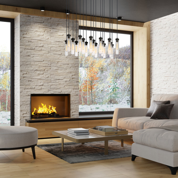 Matte Black 42" Linear Chandelier with Fluted Glass Shades