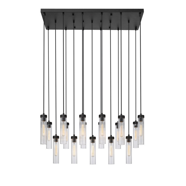 Matte Black 42" Linear Chandelier with Fluted Glass Shades