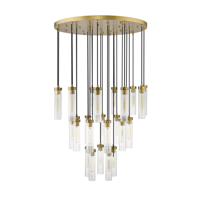 Beau 27-Light Rubbed Brass Geometric Chandelier with Fluted Glass Shades