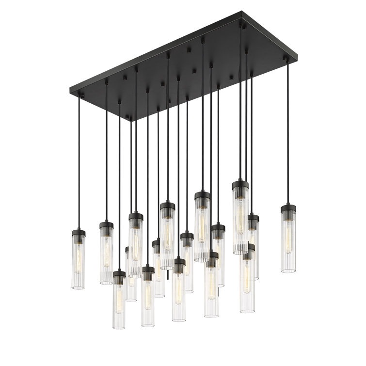 Matte Black 42" Linear Chandelier with Fluted Glass Shades