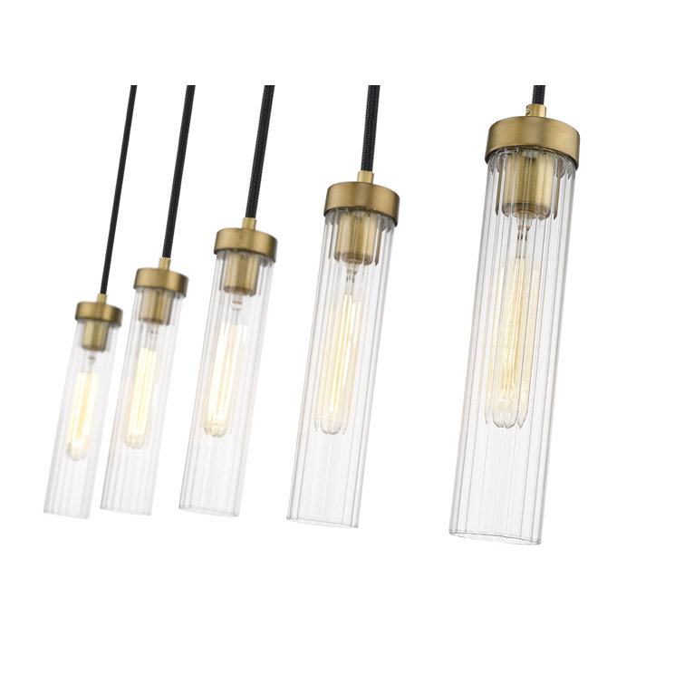 Beau Rubbed Brass 5-Light Linear Chandelier with Fluted Glass Shades