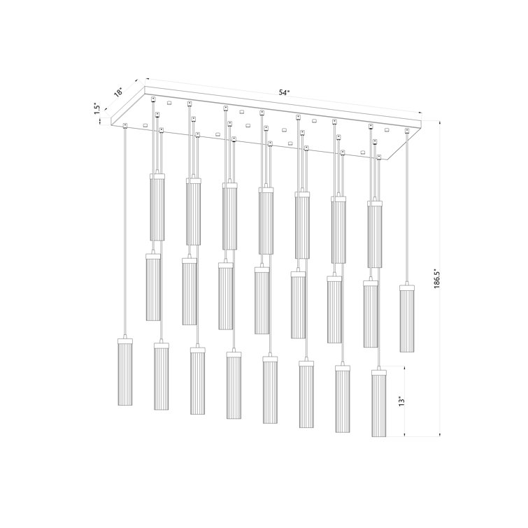 Matte Black 54" Linear Chandelier with Fluted Glass Shades