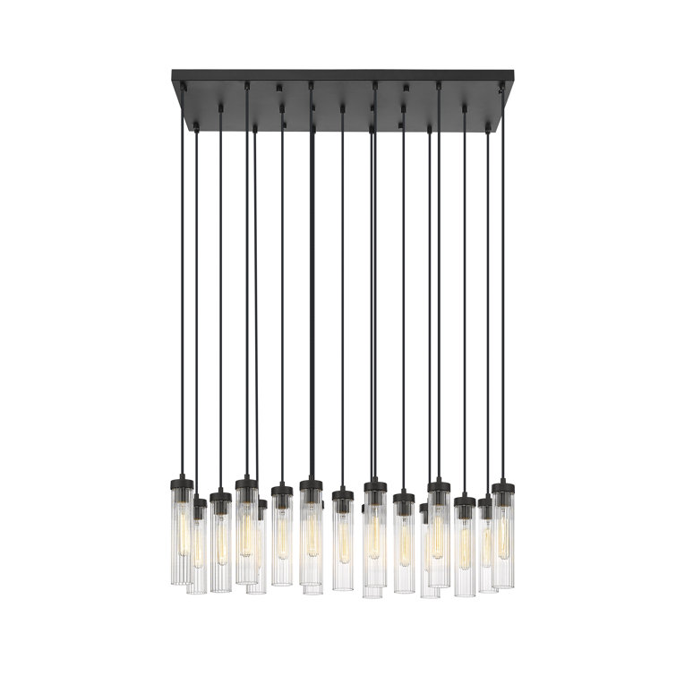 Matte Black 42" Linear Chandelier with Fluted Glass Shades