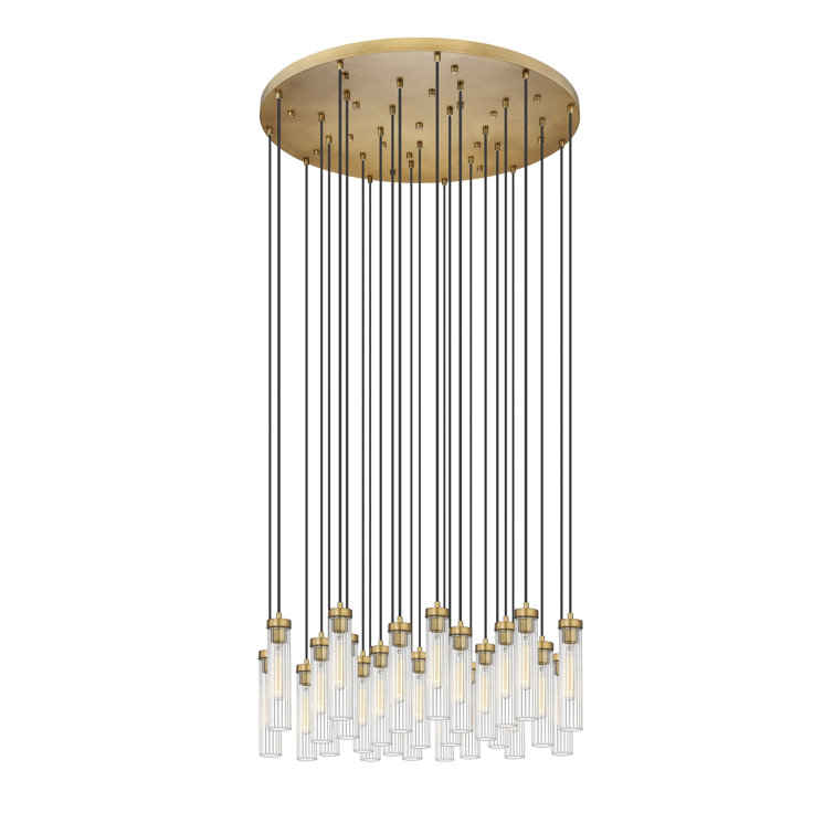 Beau 27-Light Rubbed Brass Geometric Chandelier with Fluted Glass Shades