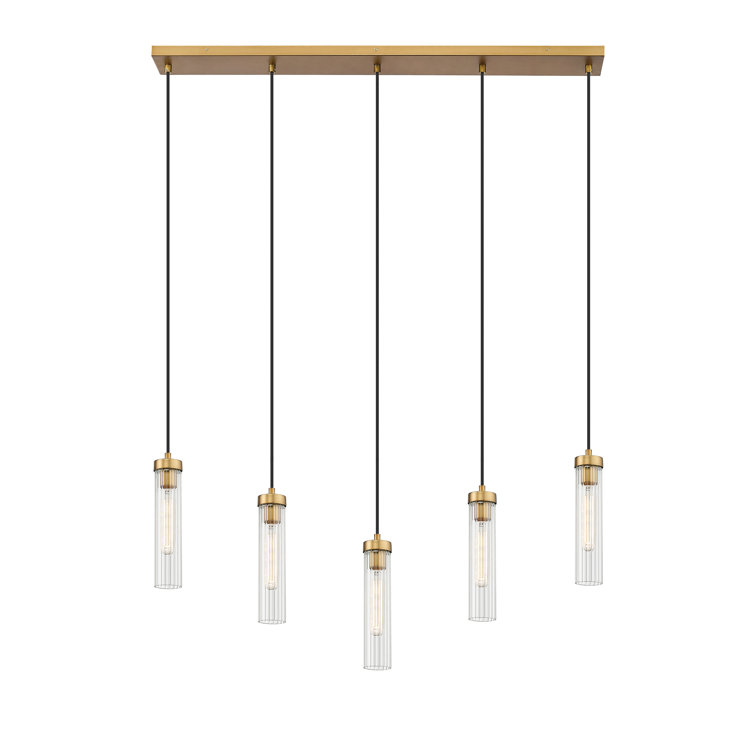 Beau Rubbed Brass 5-Light Linear Chandelier with Fluted Glass Shades