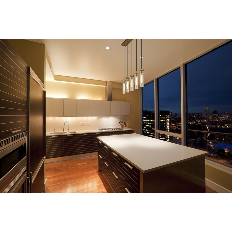 Beau Rubbed Brass 5-Light Linear Chandelier with Fluted Glass Shades