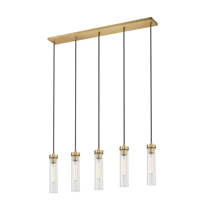 Beau Rubbed Brass 5-Light Linear Chandelier with Fluted Glass Shades