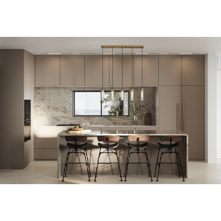 Beau Rubbed Brass 5-Light Linear Chandelier with Fluted Glass Shades