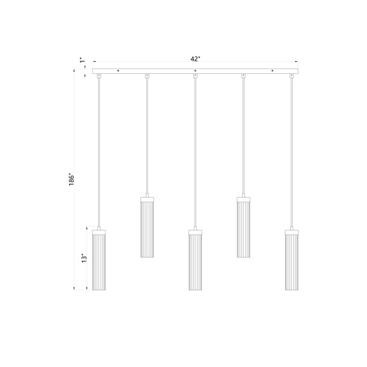 Beau Rubbed Brass 5-Light Linear Chandelier with Fluted Glass Shades