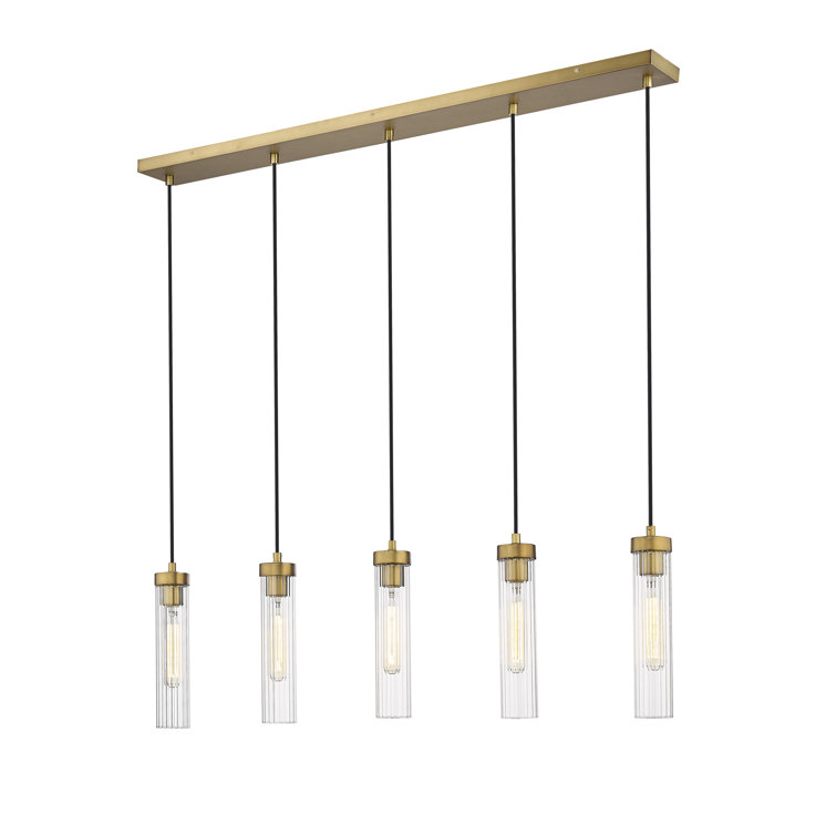 Beau Rubbed Brass 5-Light Linear Chandelier with Fluted Glass Shades