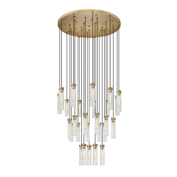 Beau 27-Light Rubbed Brass Geometric Chandelier with Fluted Glass Shades