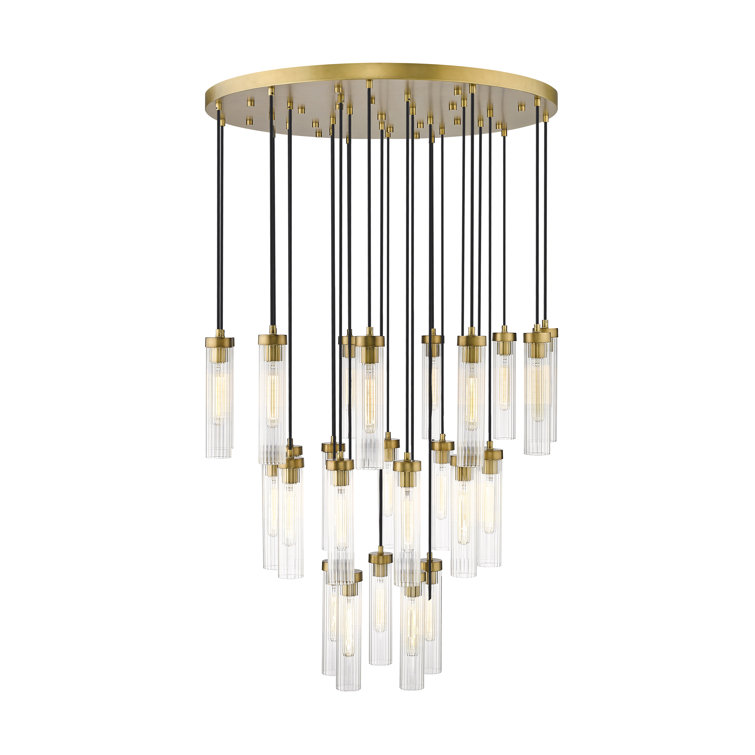 Beau 27-Light Rubbed Brass Geometric Chandelier with Fluted Glass Shades