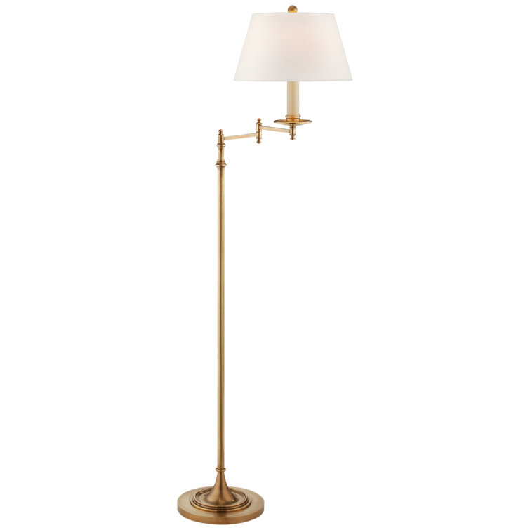 Antique Brass Adjustable Swing Arm Floor Lamp with Linen Shade