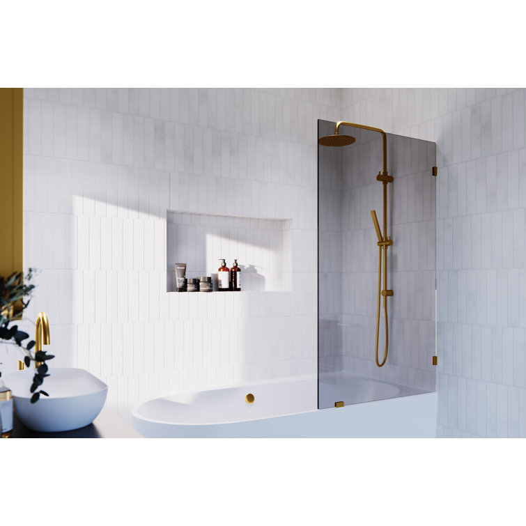Ursa Frameless Gray Tinted Glass Bath Panel with Satin Brass Hardware