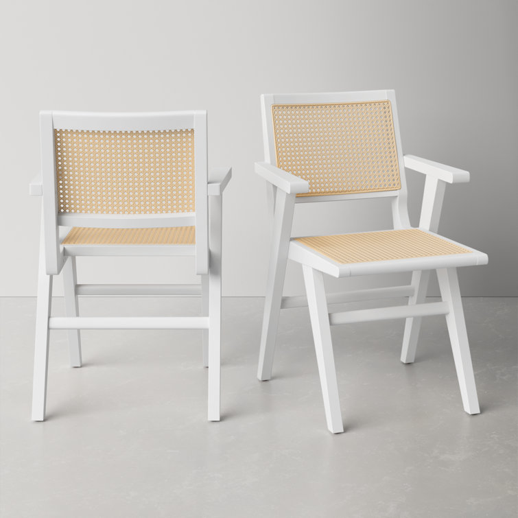 Hattie Coastal White Wood & Natural Cane Armchair Set of 2