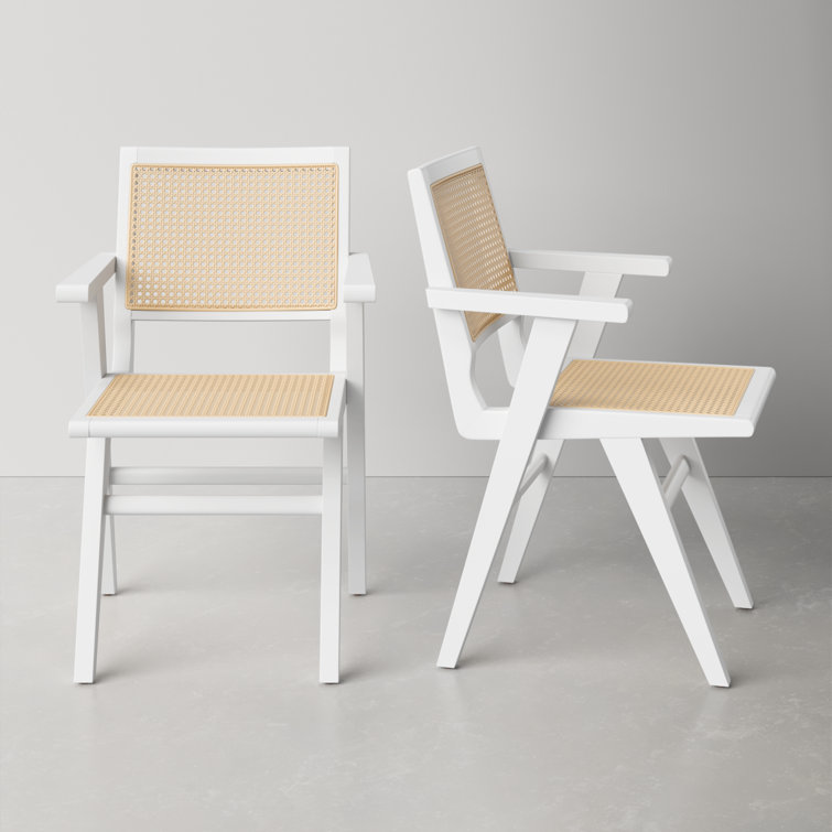 Hattie Coastal White Wood & Natural Cane Armchair Set of 2