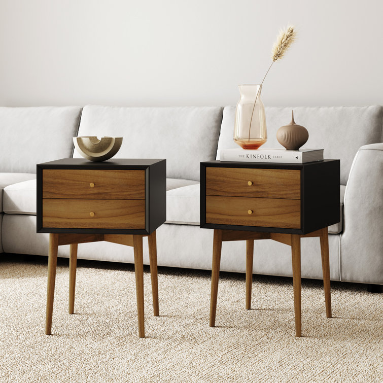 Harper Black and Brown MDF Nightstand with Pinewood Legs, Set of 2