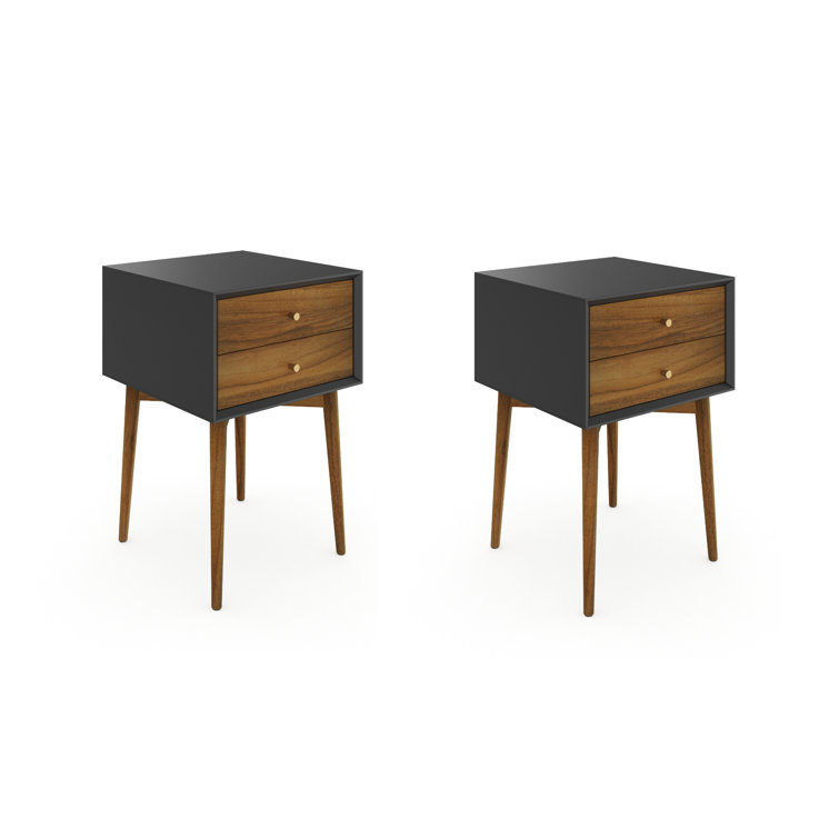 Harper Black and Brown MDF Nightstand with Pinewood Legs, Set of 2