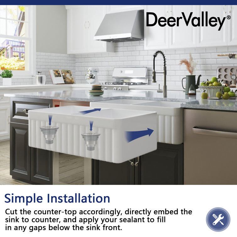 Nova 33" White Fireclay Double Basin Farmhouse Sink