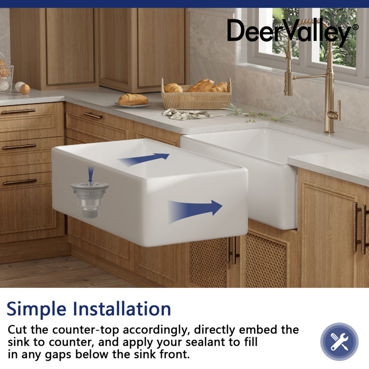 33" White Fireclay Farmhouse Drop-In Kitchen Sink