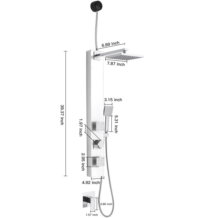 Polished Chrome Shower Panel System with Adjustable Rainfall Shower Head