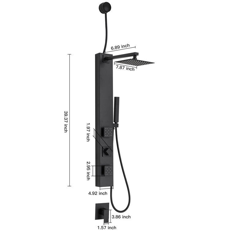 Matte Black Brass Shower Panel System with Adjustable Rainfall Shower Head